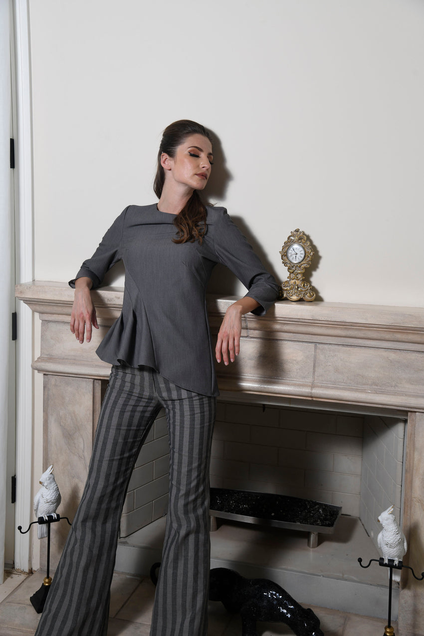 Audrey Fall Winter Women's 3/4 Sleeve Gabardine Fitted Top with Crewneck