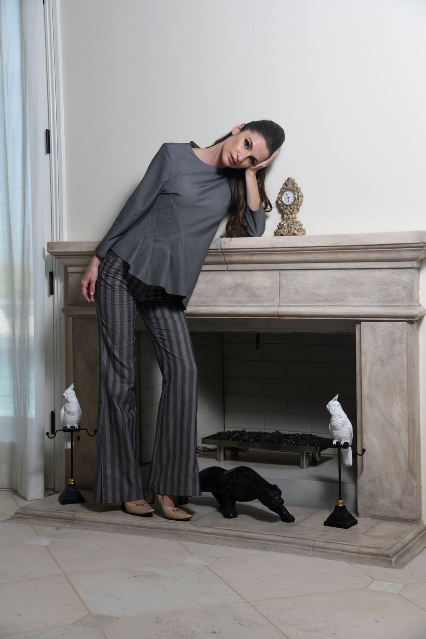 Audrey Fall Winter Women's 3/4 Sleeve Gabardine Fitted Top with Crewneck