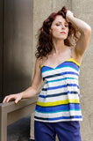 Women's Italian Cotton Wrap Empire Spaghetti Straps Tank Top in Stripes