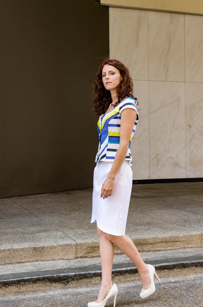 Spring Summer Women's Girls Italian Cotton Cap Sleeve Corset Blouse in Blue and Yellow Stripes