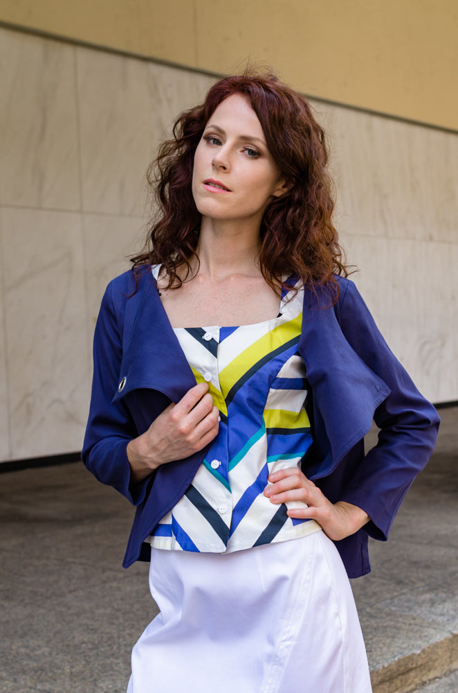 Spring Summer Women's Girls Italian Cotton Cap Sleeve Corset Blouse in Blue and Yellow Stripes