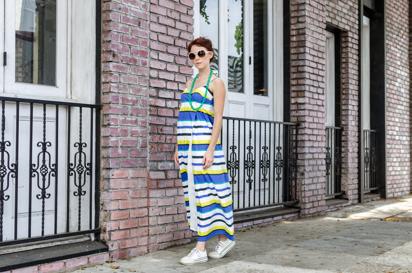 Women's Spring Summer Spaghetti Straps Cotton Wrap Empire Maxi Dress with Pockets in Stripes