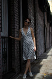 You don't need shade this summer when you wear our light easy A-shape Cotton dress in Blue Crab print. Open shoulders design is exquisite. Bra shaped top connecting to wide straps that cross in a back  looks exquisite along with that beautiful deep V heckling in front. Don't you think so?