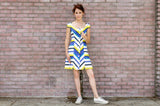 Spring Summer Women's Italian Poplin Corset Princess Lines Mini Dress in Blue and Yellow Stripes