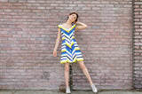 Spring Summer Women's Italian Poplin Corset Princess Lines Mini Dress in Blue and Yellow Stripes