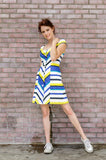 Spring Summer Women's Italian Poplin Corset Princess Lines Mini Dress in Blue and Yellow Stripes