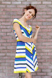 Spring Summer Women's Italian Poplin Corset Princess Lines Mini Dress in Blue and Yellow Stripes