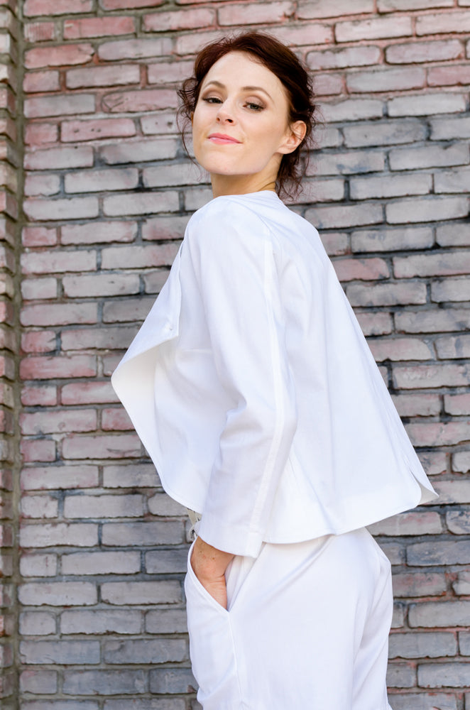 Back view of our beautiful Overlapping Front Jacket in White. Light weight Cotton Pique is just  perfect for his summer and so easy to pair with matching Scallop Hem Shorts or match your existing wardrobe.