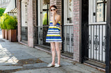 Spring Summer Women's Resort Cotton Wrap Empire Mini Dress with Straps in Blue and Yellow Stripes