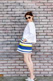 Spring Summer Women's Resort Cotton Wrap Empire Mini Dress with Straps in Blue and Yellow Stripes