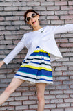 Spring Summer Women's Resort Cotton Wrap Empire Mini Dress with Straps in Blue and Yellow Stripes