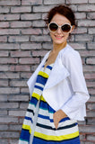 Spring Summer Women's Resort Cotton Wrap Empire Mini Dress with Straps in Blue and Yellow Stripes