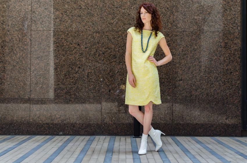 Women's Designer Tweed Dropped Shoulder Scalloped Hem Dress in Lemonade