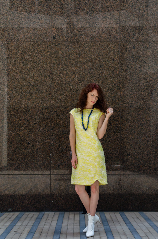 Women's Designer Tweed Dropped Shoulder Scalloped Hem Dress in Lemonade