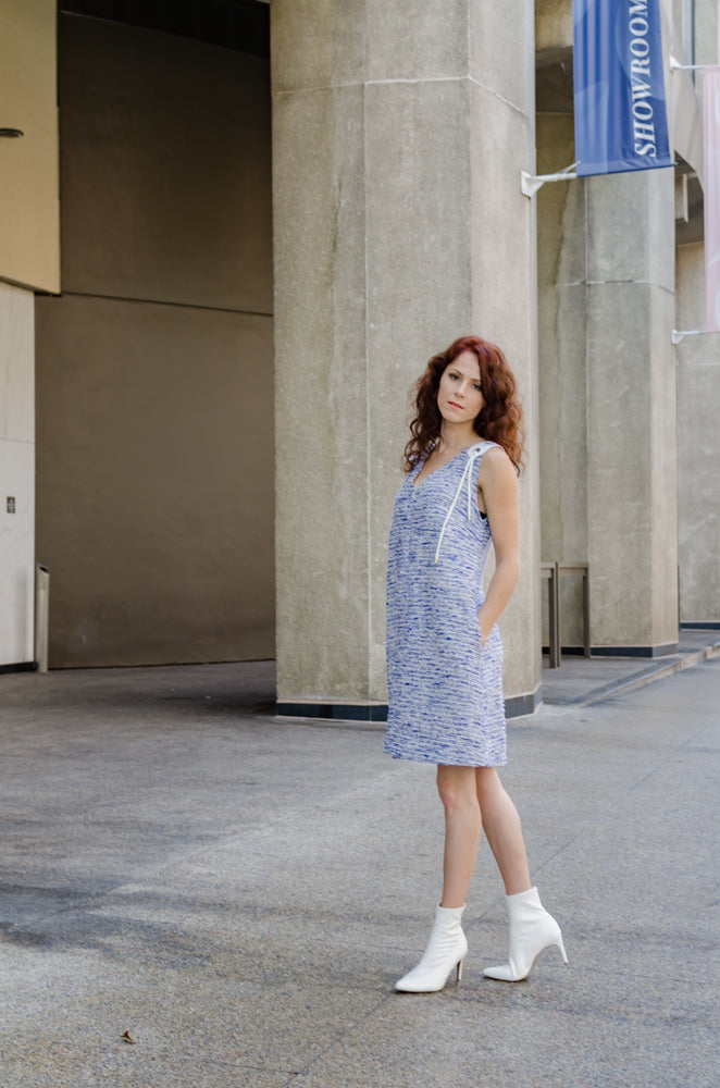 Women's A-line Tweed Sleeveless Dress with Deep V-Neckline & Loose Collar