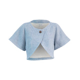 Summer/Fall light tweed cropped jacket with elbow length flared sleeve, overlapping front panels, one button closure, waist length, slightly fitted, boat neck line, burlap like weave of powder light blue and white colors, lined, sustainable chic, bespoke like quality, one of a kind limited edition, made in LA, ideal for work, weekend, and parties, perfect to go over your shoulders on chilly mornings and summer nights or air conditioned offices, grocery stores, or movie theaters. Grab yours while you can!