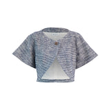 60-s vintage flare Summer/Fall light weight tweed cropped jacket with elbow length flared sleeve, overlapping curved front panels with darts, one button closure, waist length, longer back, slightly fitted, boat neck line, mixed dark navy and white colors in burlap like weave, lined. Matching Scallop Hem Skirt is available.