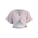 Summer/Fall light tweed cropped jacket with elbow length flared sleeve, overlapping front panels, one button closure, waist length, slightly fitted, boat neck line, burlap like weave of powder pink, dark brown and white color threads, lined, sustainable chic, bespoke like quality, limited edition, made in LA, ideal for work, weekend, and parties, perfect to go over your shoulders on chilly mornings and summer nights or air conditioned offices, grocery stores, or movie theaters.