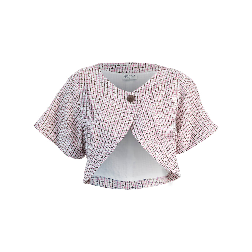 Summer/Fall light tweed cropped jacket with elbow length flared sleeve, overlapping front panels, one button closure, waist length, slightly fitted, boat neck line, burlap like weave of powder pink, dark brown and white color threads, lined, sustainable chic, bespoke like quality, limited edition, made in LA, ideal for work, weekend, and parties, perfect to go over your shoulders on chilly mornings and summer nights or air conditioned offices, grocery stores, or movie theaters.