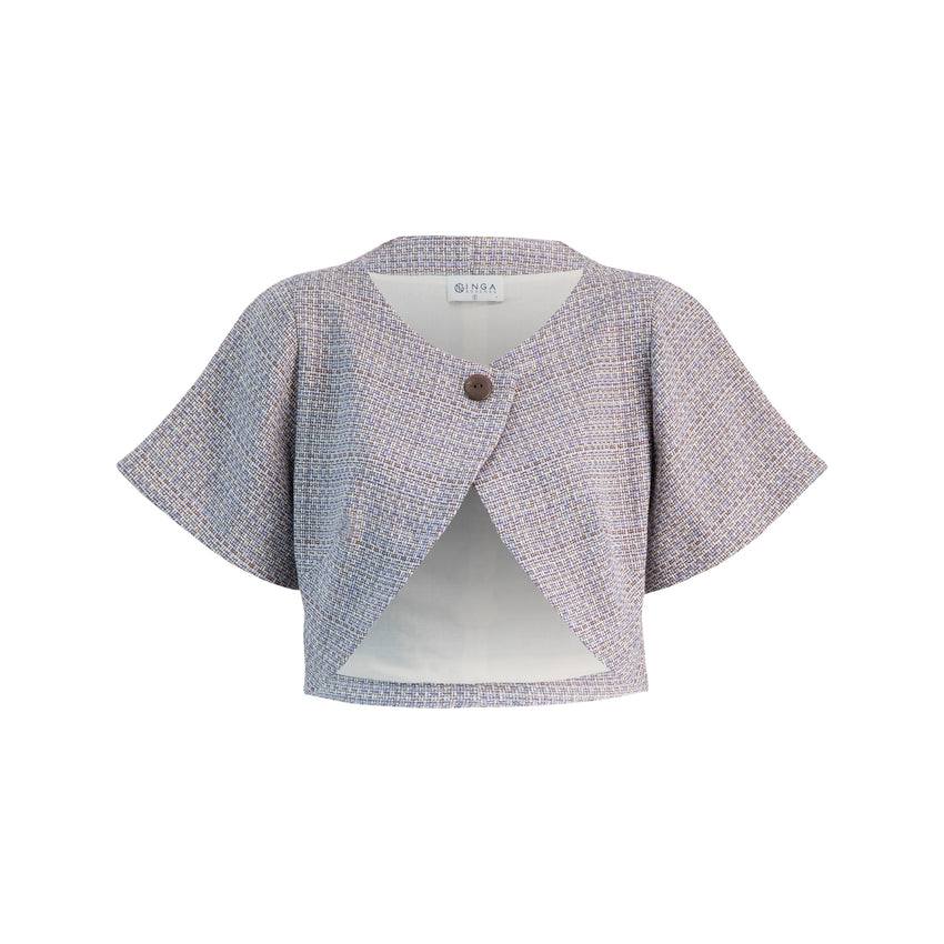 Summer/Fall light tweed cropped jacket with elbow length flared sleeve, overlapping front panels, one button closure, waist length, slightly fitted, boat neck line, burlap like weave of powder light blue, light brown, and white colors, lined, sustainable chic, bespoke like quality, limited edition, made in LA, ideal for work, weekend, and parties, perfect to go over your shoulders on chilly mornings and summer nights or in air conditioned offices, grocery stores, or movie theaters. Buy yours now!