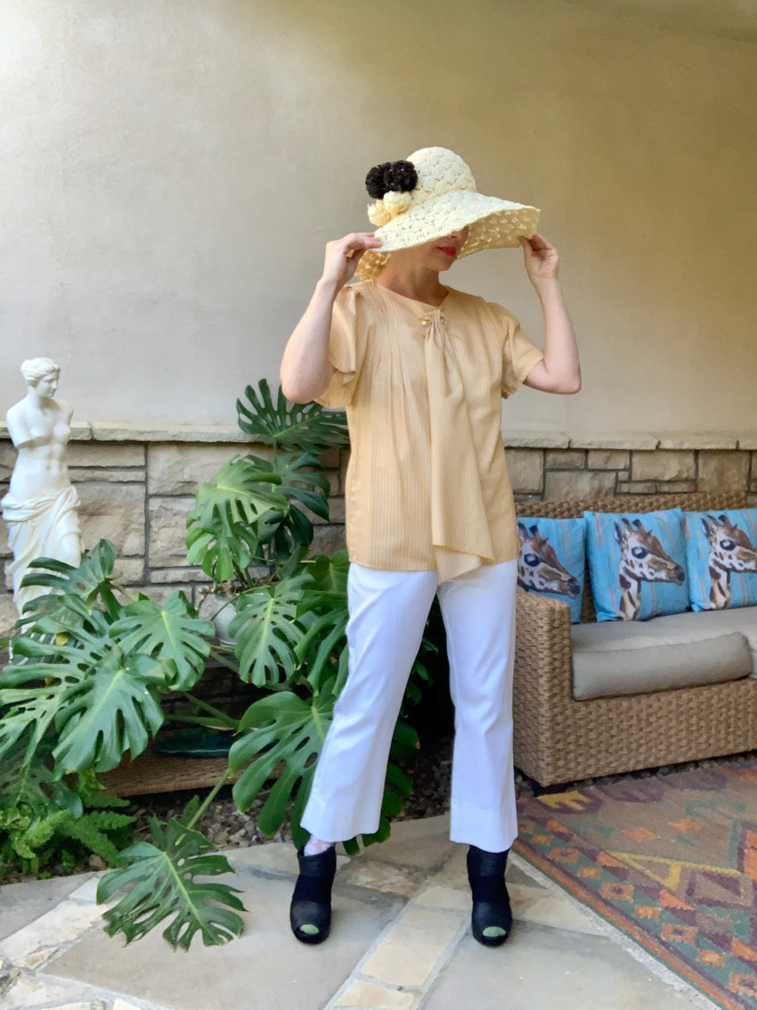 RIVIERA Womens' Resort Cotton Stripe Top with Pearl Pin and Detachable Scarf