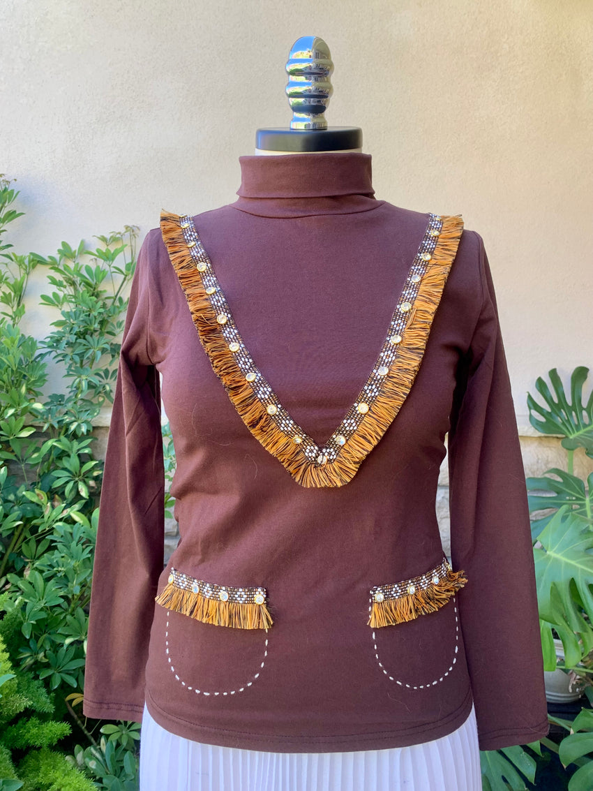 ELEANOR Womens' Designer Turtleneck Sweater with Decorative Front Pockets & Trim