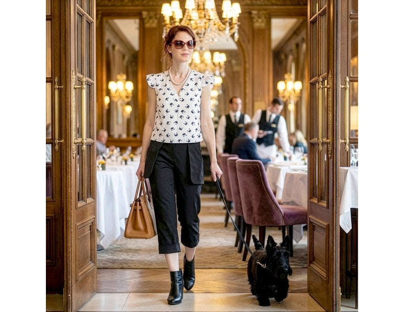 Woman posing in a stylish outfit with a mirror reflection in an elegant interior setting.