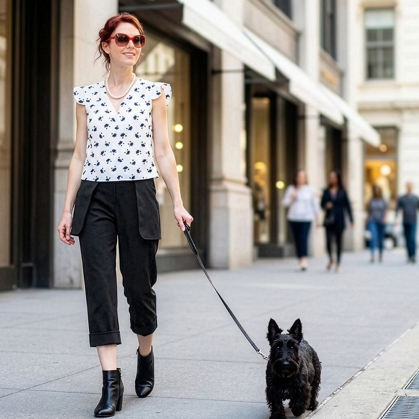 Woman walking a dog on a city street with buildings and people in the background