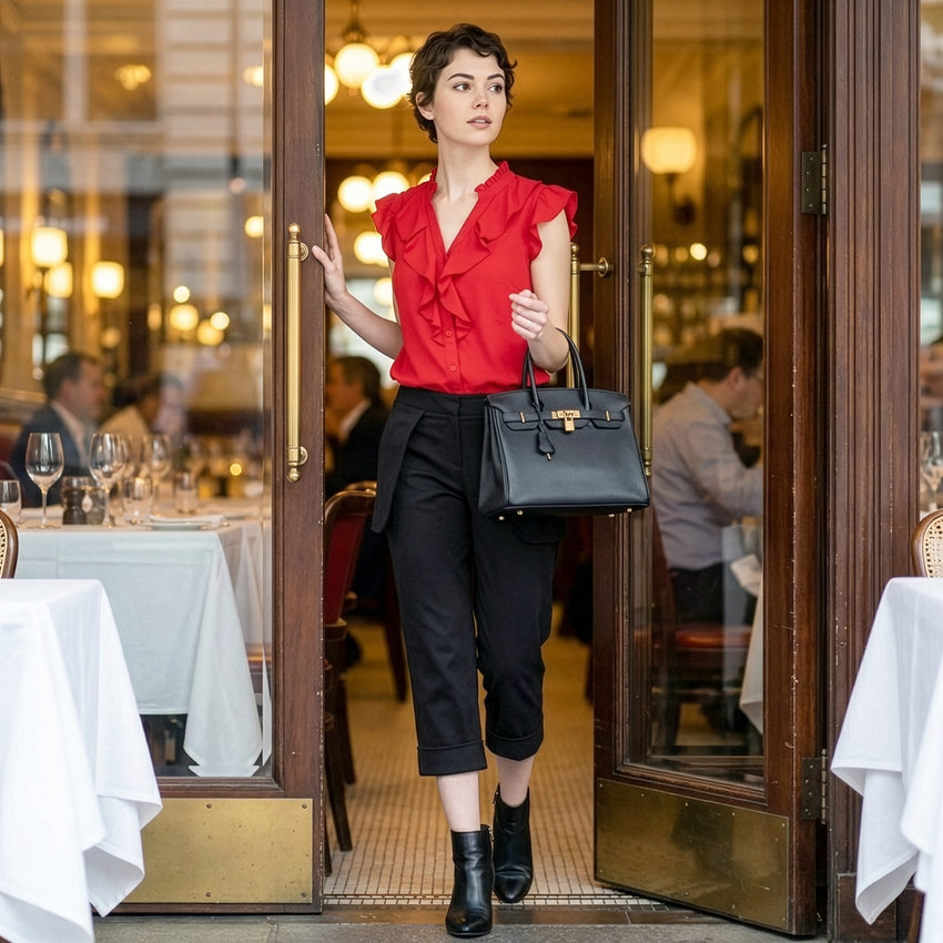 Woman in a red blouse and black pants exiting a restaurant with a black handbag.