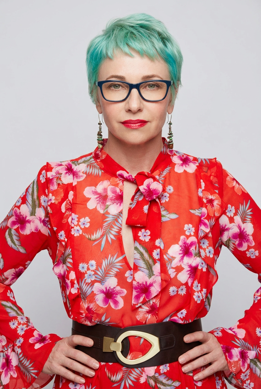 A woman with short turquoise hair, black glasses, and red lipstick wearing a red long-sleeve blouse with a pink and green floral print, a red bow tie at the collar, and a wide black belt with a gold buckle, posed against a light gray background.