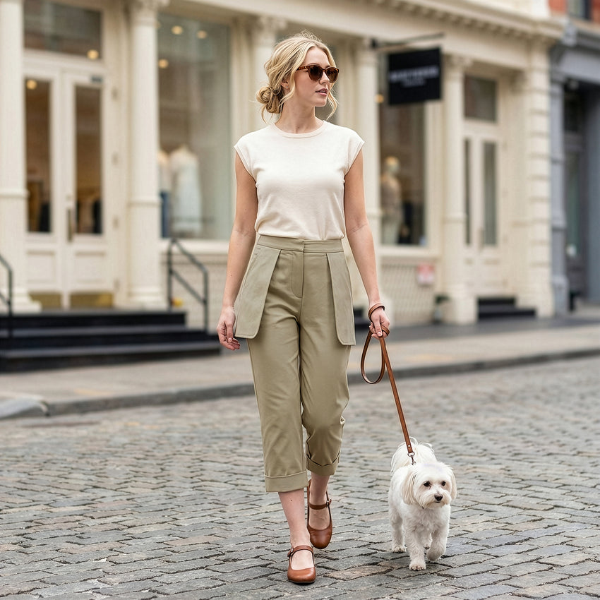 Woman walking a small white dog on a leash in an urban setting