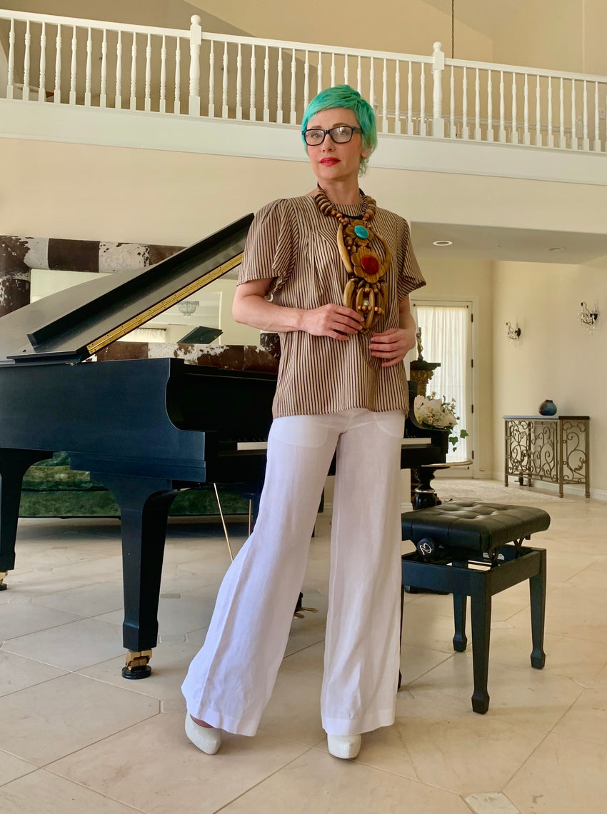 Stripe Cotton Twill Riviera Top for summer is music to my ears. Style it with a classic pair of white pants and your favorite accessories, and you are ready to take on the world!  Please note: matching necklace with your hair is not required!