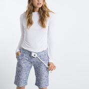Women's designer Bermuda tweed shorts, knee length, straight length, front zipper closure, contrast fabric decorative front tab with silver metal eyelet and cord, two front pockets, contrast color decorative tab with silver eyelet in a back, no lining. Available in Lemonade and Blueberry