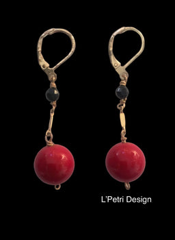 Tangling Gold Field Earrings in Red Jade and Black Onyx
