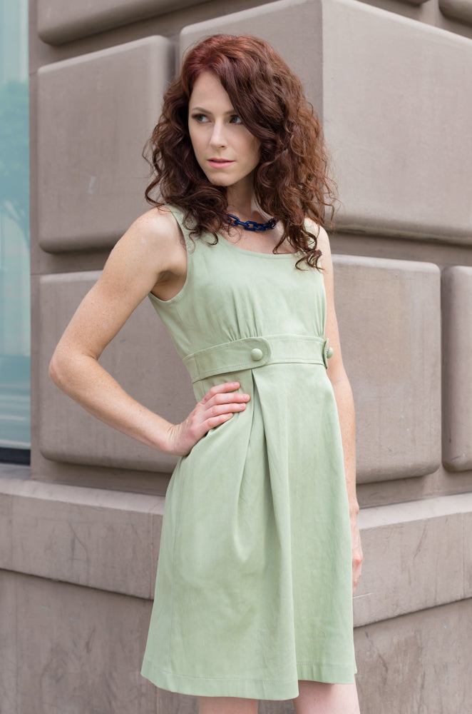 Cotton Pique Spring Tank dress with Front Tabs in Sage Green