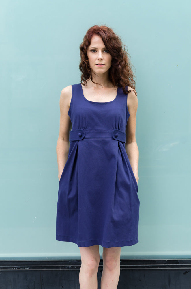 Cotton Pique Spring Tank dress with Front Tabs in Navy
