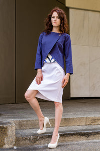Jessie is modeling #ootd, our Pencil Skirt with Scallop in White combined with Overlapping Front Jacket in Navy and Cap Sleeve Corset Top from our latest Spring Summer collection.