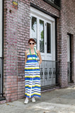 Women's Spring Summer Spaghetti Straps Cotton Wrap Empire Maxi Dress with Pockets in Stripes