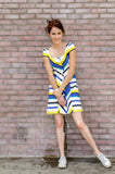 Spring Summer Women's Italian Poplin Corset Princess Lines Mini Dress in Blue and Yellow Stripes