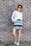 Spring Summer Women's Resort Cotton Wrap Empire Mini Dress with Straps in Blue and Yellow Stripes