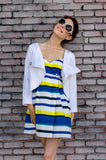 Spring Summer Women's Resort Cotton Wrap Empire Mini Dress with Straps in Blue and Yellow Stripes