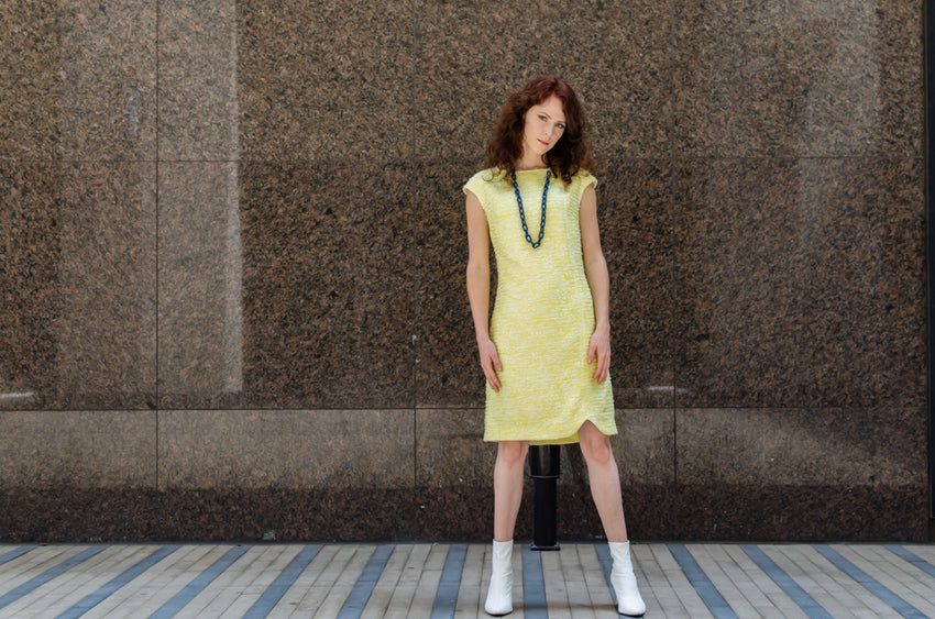 Women's Designer Tweed Dropped Shoulder Scalloped Hem Dress in Lemonade