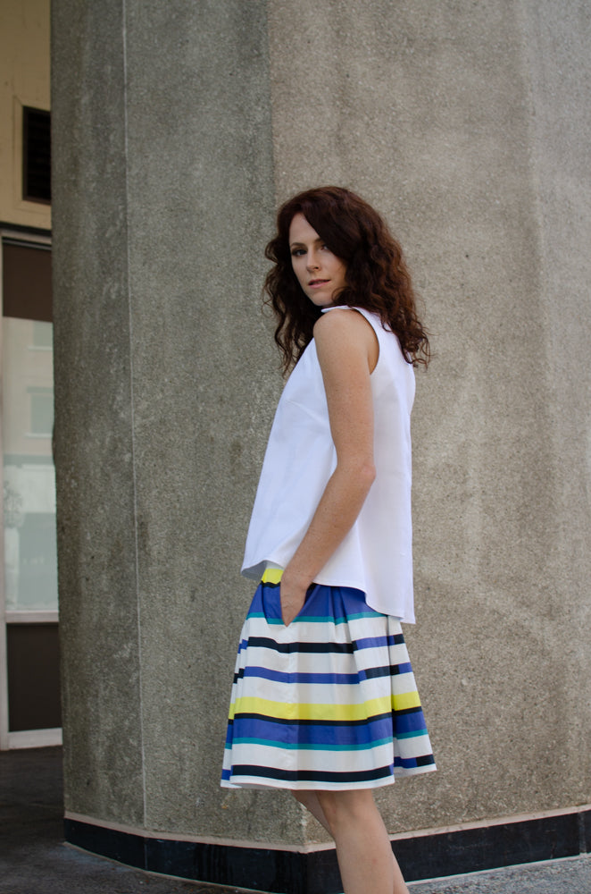 Spring Summer Women Italian Cotton Box Pleats Skirt with Pockets in Blue and Yellow Stripes