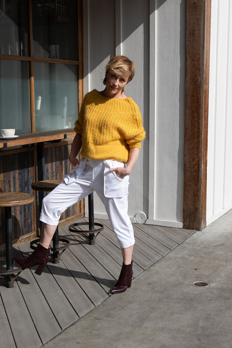 Outfit of the day is easy with this perfect combination, Loose Pockets Cropped Pants in White from our latest Spring Summer collection and mellow yellow shade of off shoulder sweater (Love Culture). Ankle boots are the MUST, any color will do! Inga Goodman is modeling For Ever 21 boots in Eggplant.