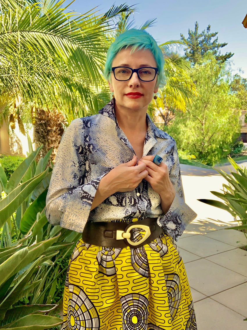 INGA GOODMAN fashion designer and brand influencer is wearing Calamity Jane shirt in Blue Python print. Made out of light weight Mona Liisa fabric this shirt could function as a resort wear and work attire likewise. Limited edition, made in the USA