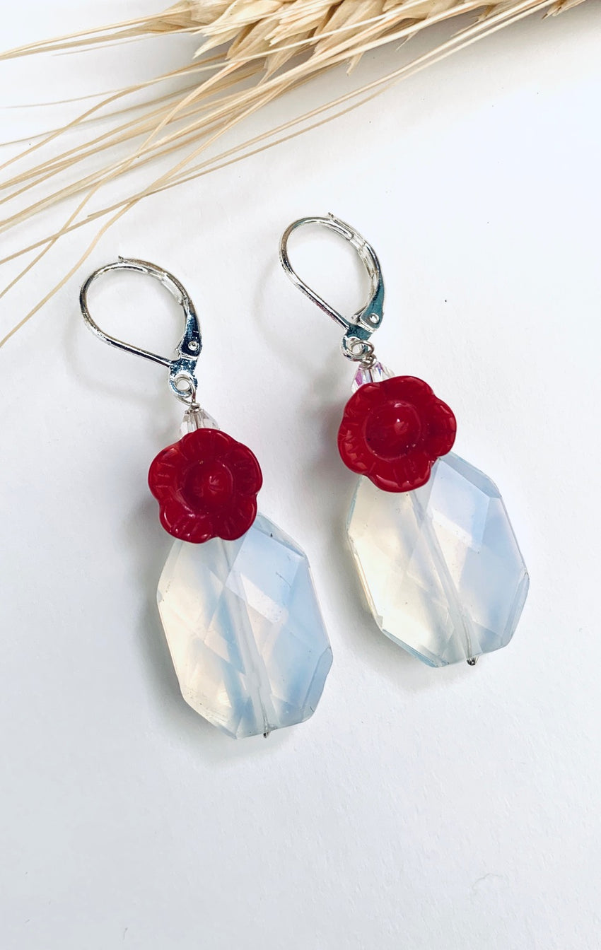 One of a Kind Faceted Opal Earrings with Red Carved Coral